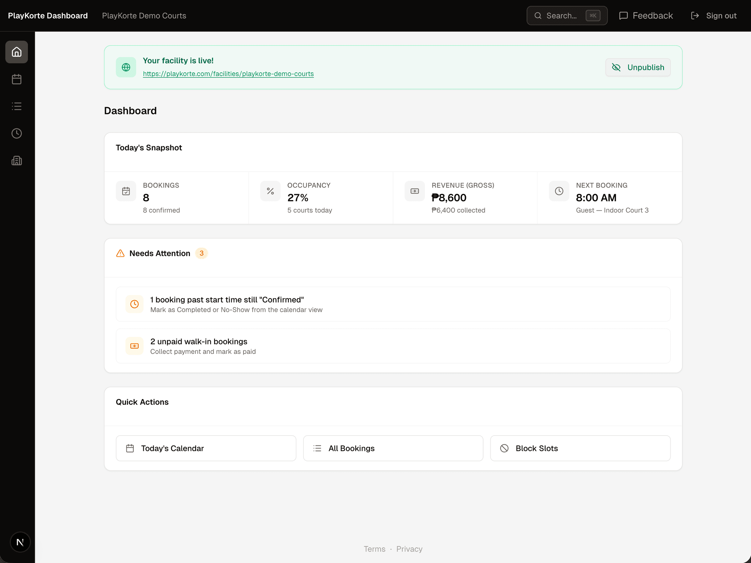 PlayKorte facility dashboard showing today's bookings, occupancy, revenue, and quick actions